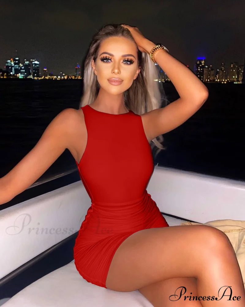 Ruched Tank Sexy Bodycon Backless Lady Black O-Neck Hollow Gown Dresses White Sleeveless Out Party Mini Gown Women