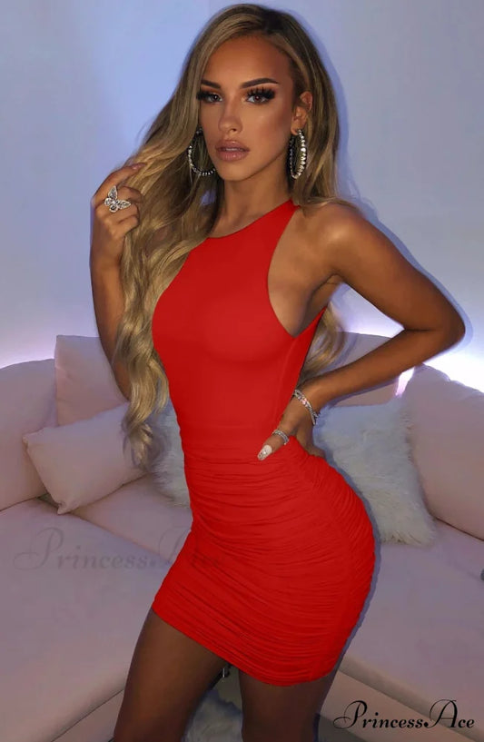 Ruched Tank Sexy Bodycon Backless Lady Black O-Neck Hollow Gown Dresses White Sleeveless Out Party Mini Gown Women