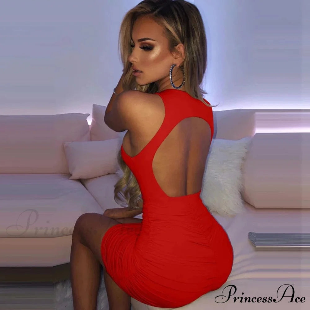 Ruched Tank Sexy Bodycon Backless Lady Black O-Neck Hollow Gown Dresses White Sleeveless Out Party Mini Gown Women