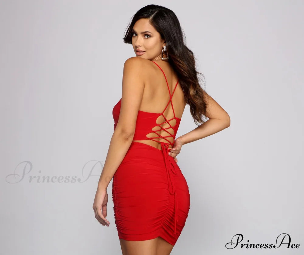 Ruched to The Max Graceful Lace Up Mini Dress