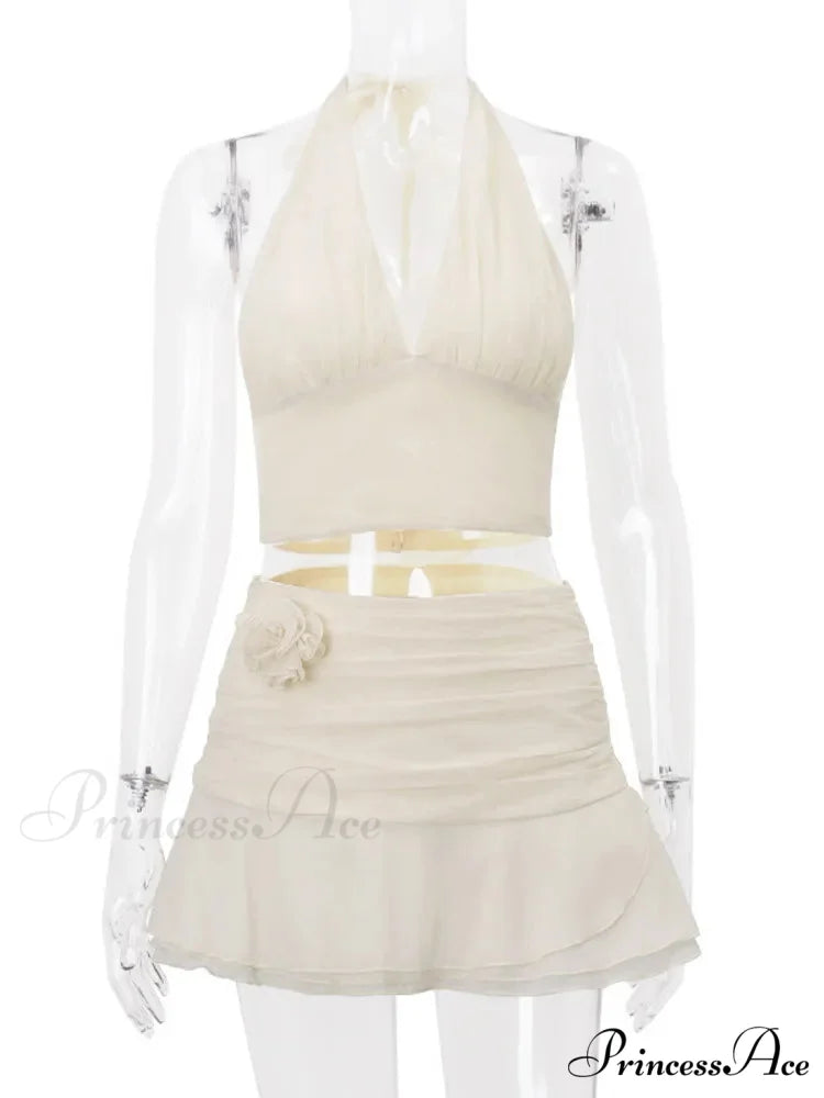 Ruched V-neck Bralette And Graceful Frill Mini Skirt Set