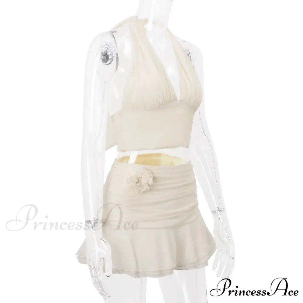 Ruched V-neck Bralette And Graceful Frill Mini Skirt Set