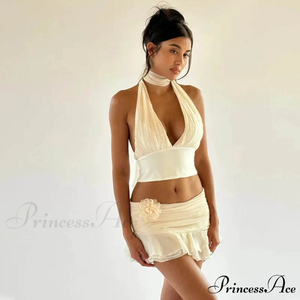 Ruched V-neck Bralette And Graceful Frill Mini Skirt Set