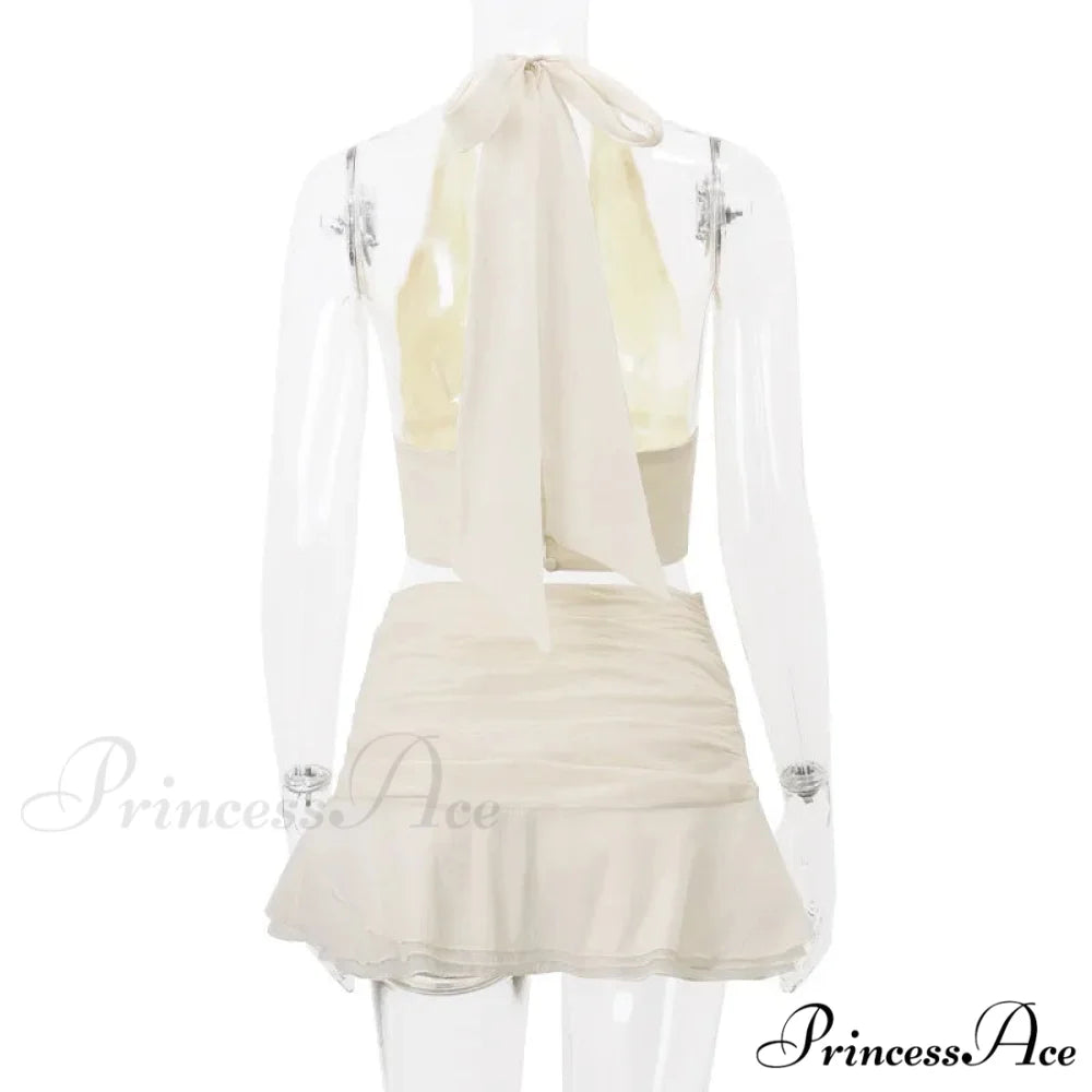 Ruched V-neck Bralette And Graceful Frill Mini Skirt Set