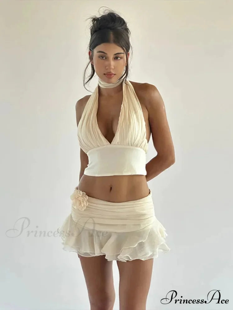 Ruched V-neck Bralette And Graceful Frill Mini Skirt Set