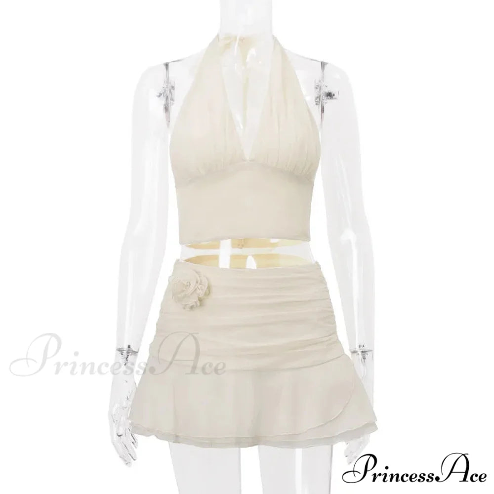 Ruched V-neck Bralette And Graceful Frill Mini Skirt Set Skirt and Tops / L