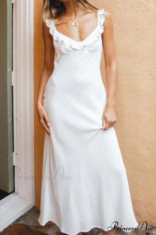 Ruffle Cami Dress with Low Cut White / L