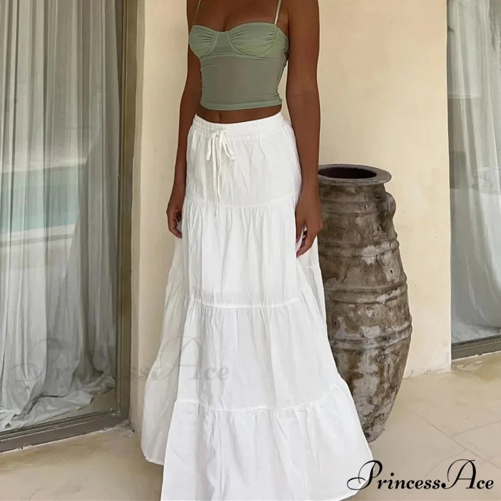 Ruffle Elastic High Waist Maxi Tiered Prairie Skirt WHITE / S