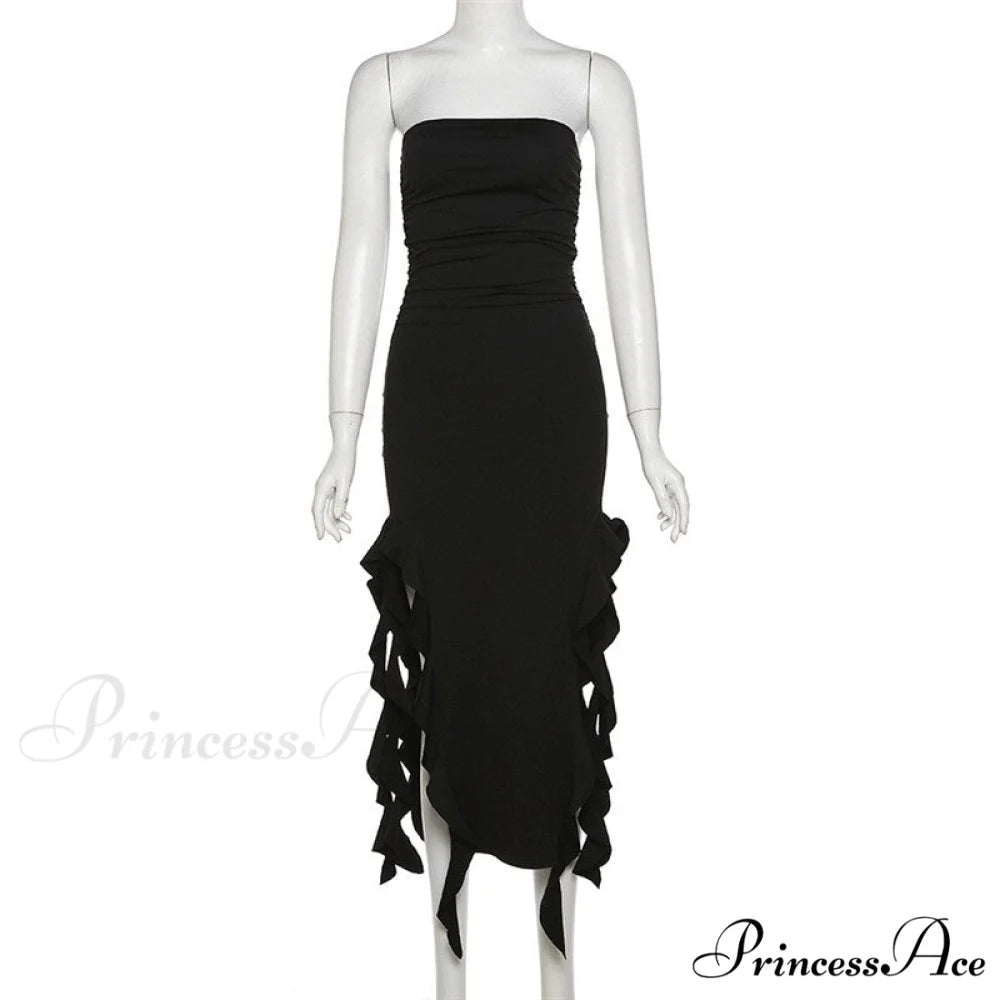 Ruffle Fringe Double Charming Slit Tube Midi Dress