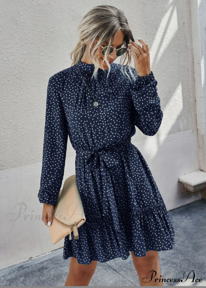 Ruffle Hem Shirt Dress with Pretty Print S / BLUE