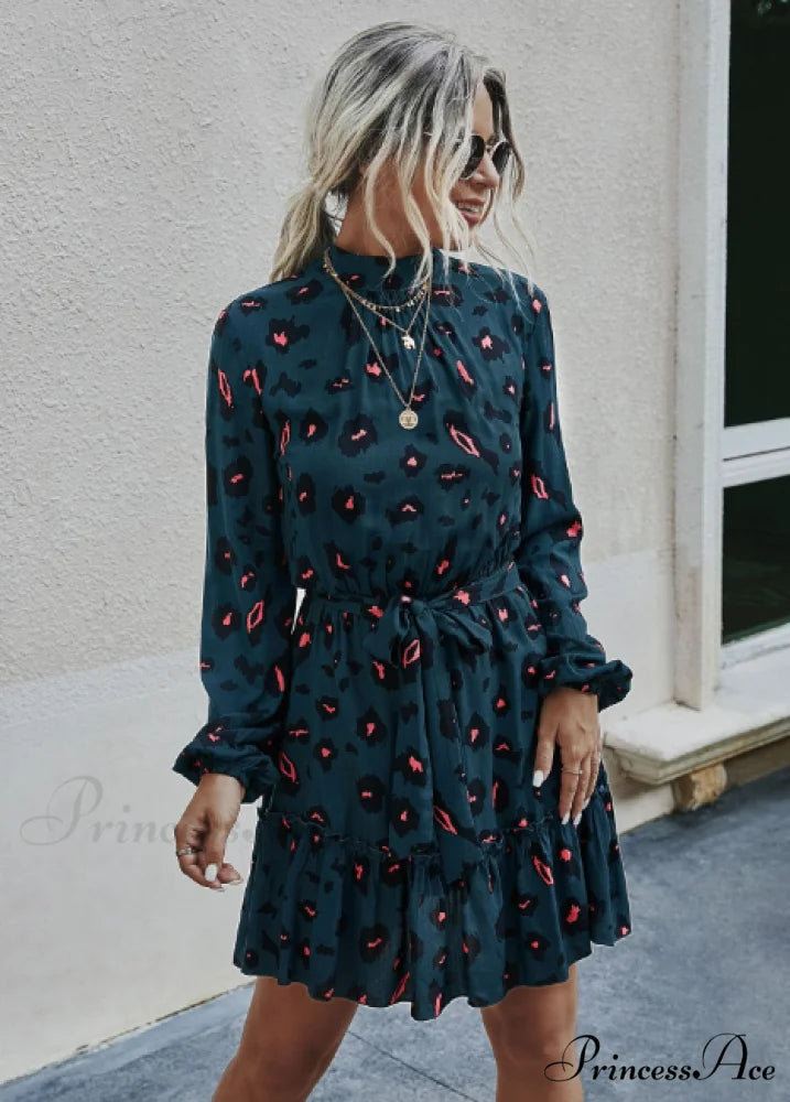 Ruffle Hem Shirt Dress with Pretty Print S / GREEN