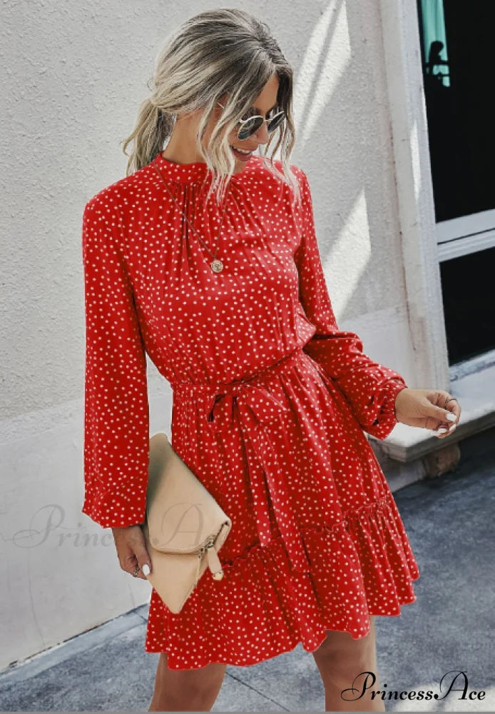 Ruffle Hem Shirt Dress with Pretty Print S / RED