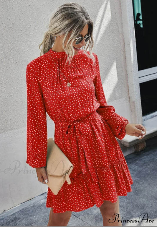 Ruffle Hem Shirt Dress with Pretty Print S / RED