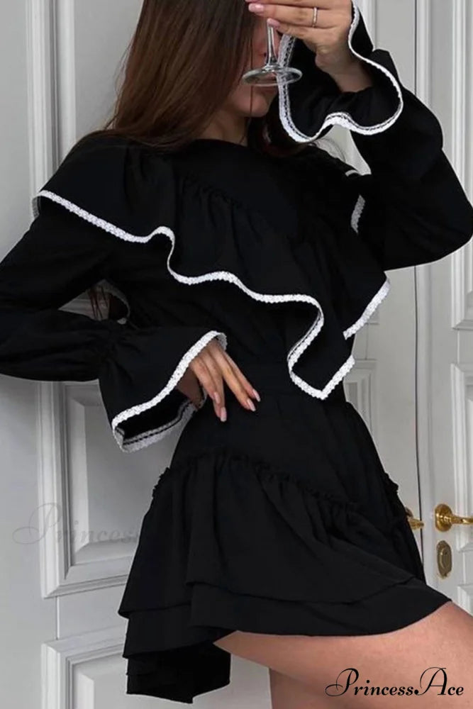 Ruffle Neck Lacework A-line Dress Black / S