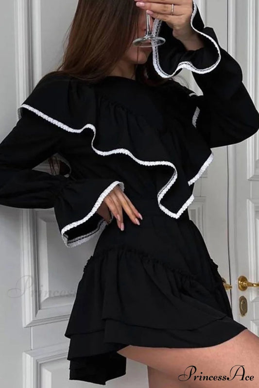 Ruffle Neck Lacework A-line Dress Black / S