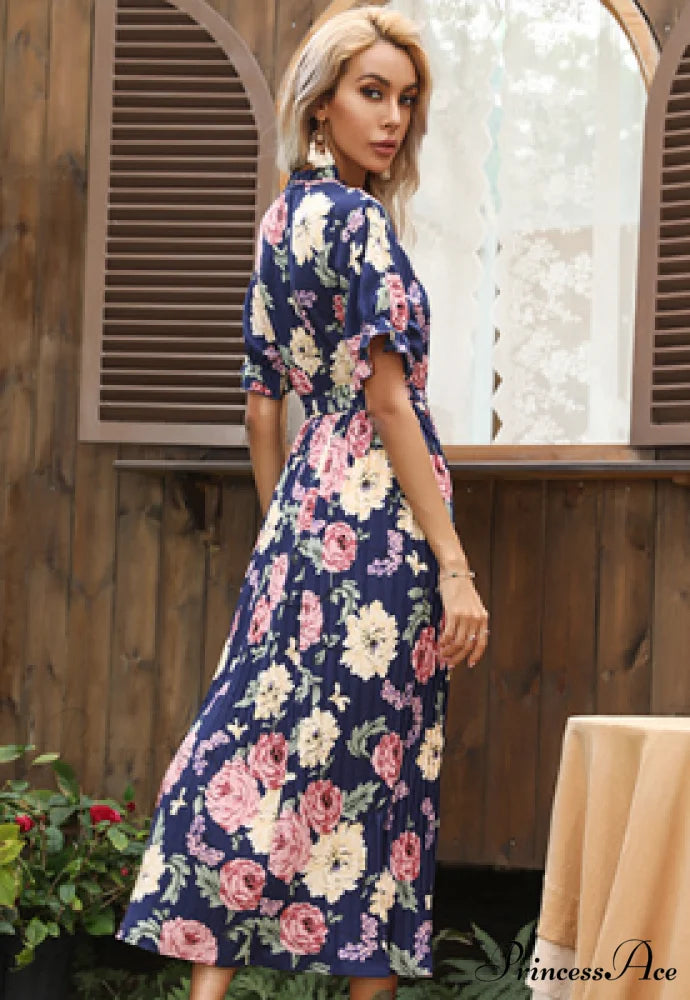Ruffle Neck Short Sleeve Printed Folds Dress L / PINK