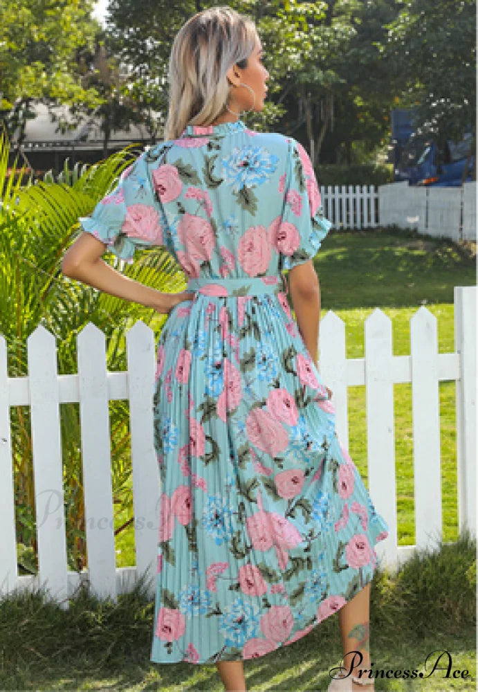 Ruffle Neck Short Sleeve Printed Folds Dress M / BLUE