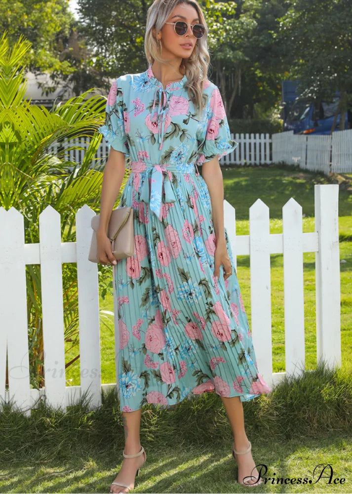 Ruffle Neck Short Sleeve Printed Folds Dress M / GREEN
