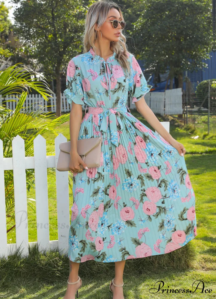 Ruffle Neck Short Sleeve Printed Folds Dress M / PINK