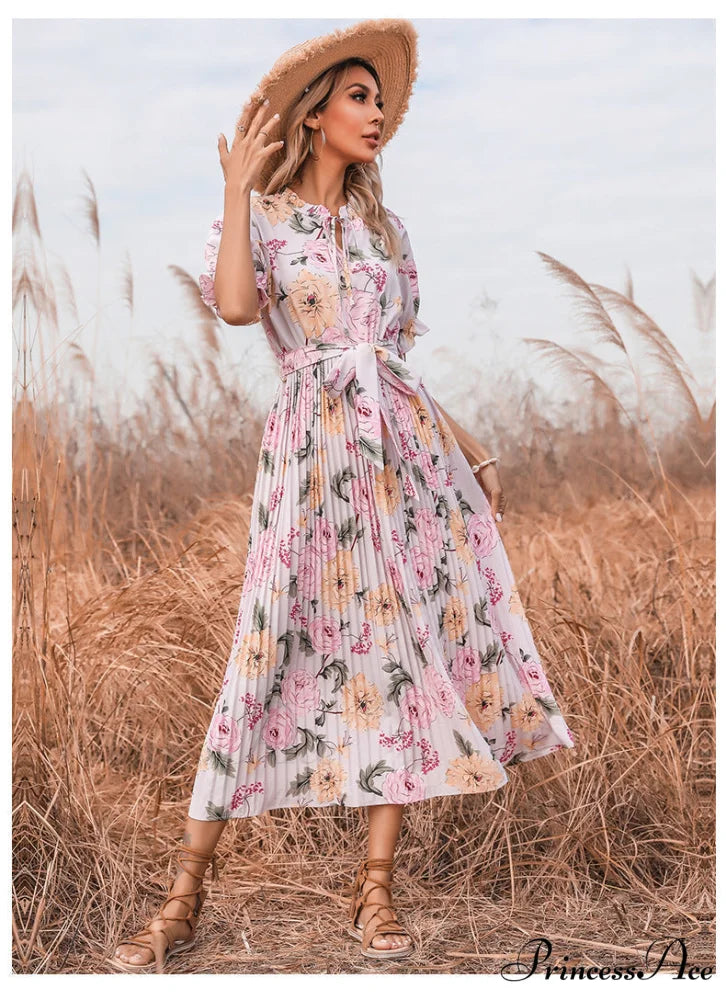 Ruffle Neck Short Sleeve Printed Folds Dress S / BLUE