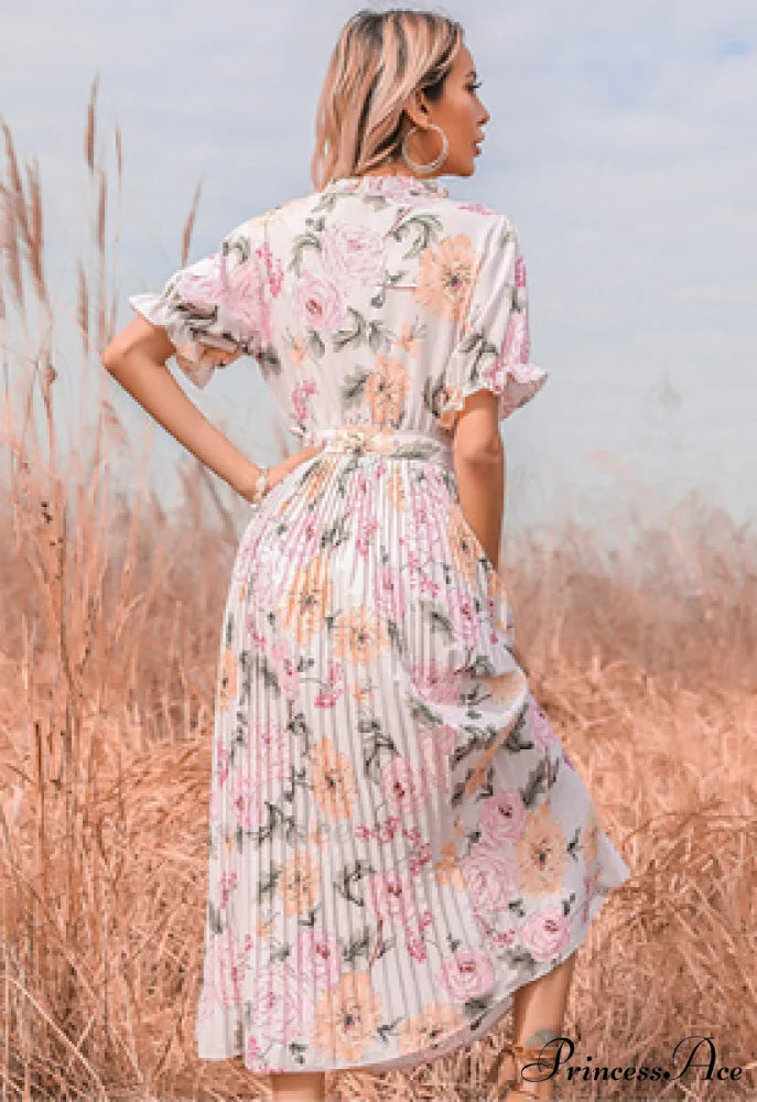 Ruffle Neck Short Sleeve Printed Folds Dress S / GREEN