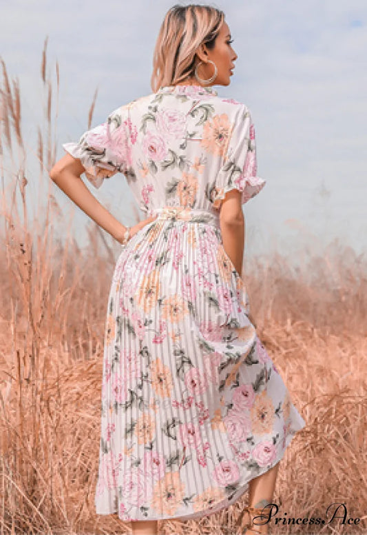 Ruffle Neck Short Sleeve Printed Folds Dress S / GREEN
