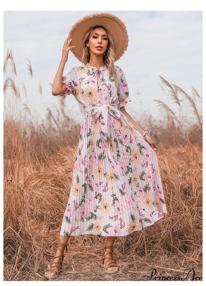 Ruffle Neck Short Sleeve Printed Folds Dress S / PINK