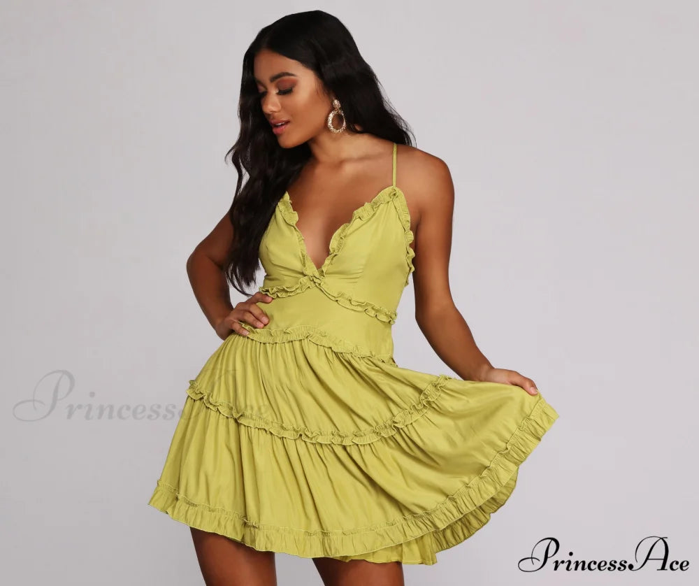 Ruffle Ride Stylish Skater Dress LIME / S