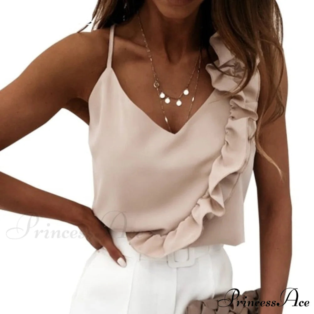 Ruffle Spaghetti Warm-Season Blouse Muyogrt Neck Strap V Backless Sleeveless Women Casual Shirts Tops M / Style1-Khaki