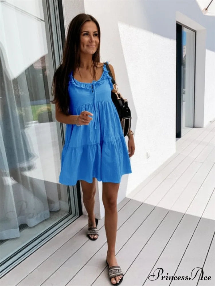 Ruffle Stitching A-Line Pullover Dress blue / S