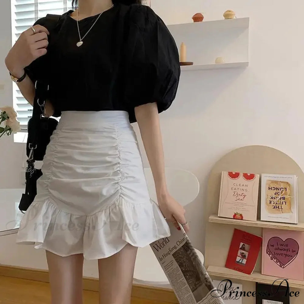 Ruffle Sweet Mini Skirt White A-line Solid Cute Skirt