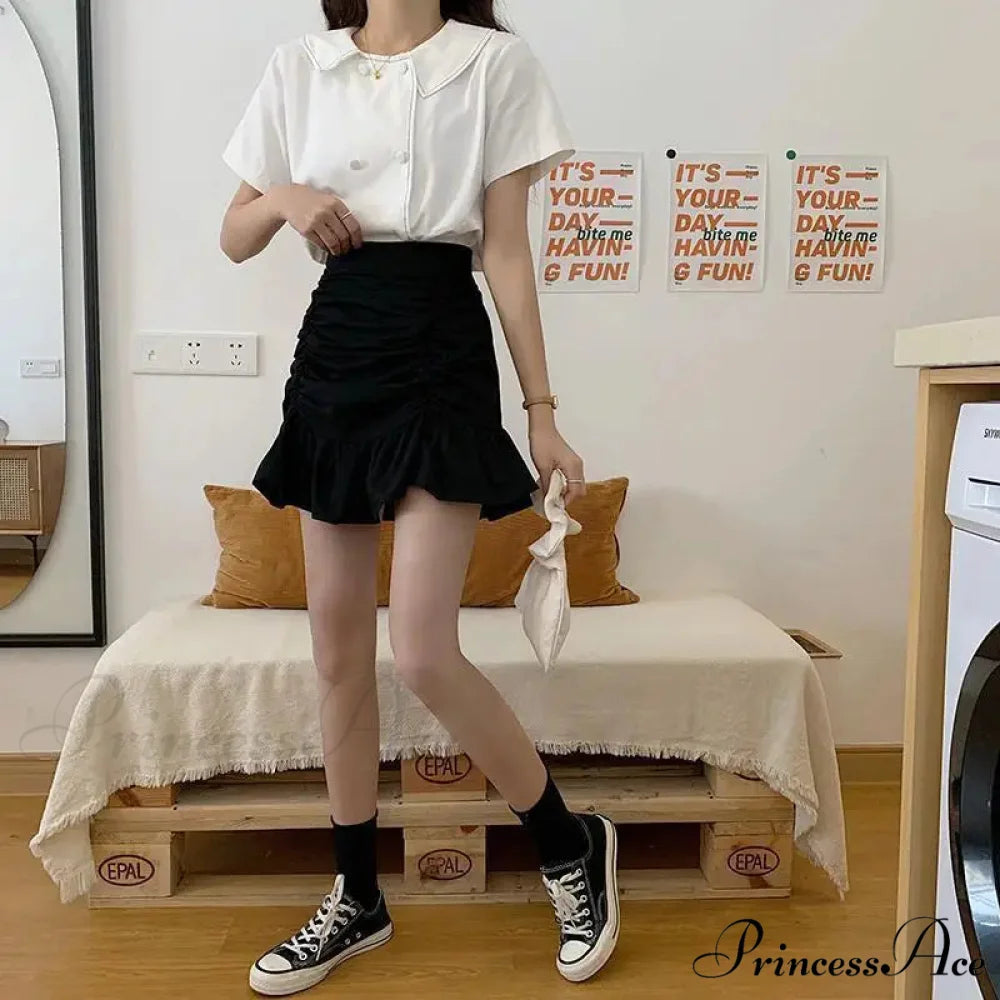 Ruffle Sweet Mini Skirt White A-line Solid Cute Skirt