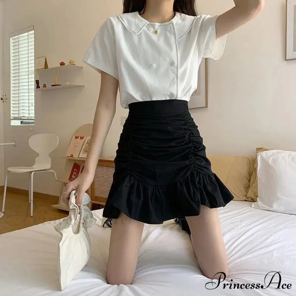 Ruffle Sweet Mini Skirt White A-line Solid Cute Skirt Black / S