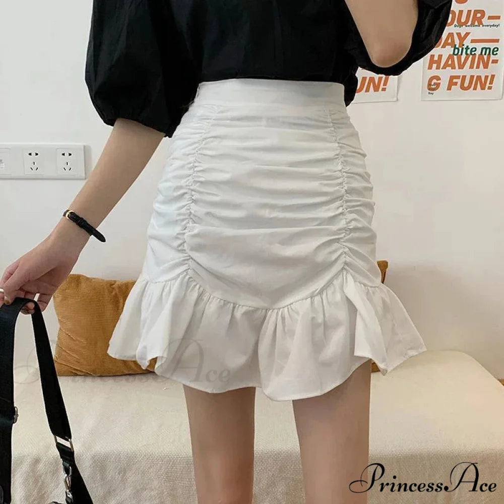 Ruffle Sweet Mini Skirt White A-line Solid Cute Skirt White / S