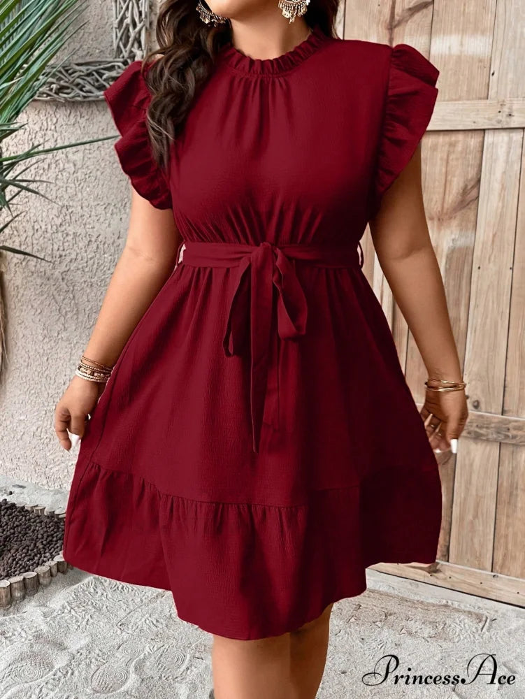 Ruffle Trim Belted Dress Burgundy / 0XL
