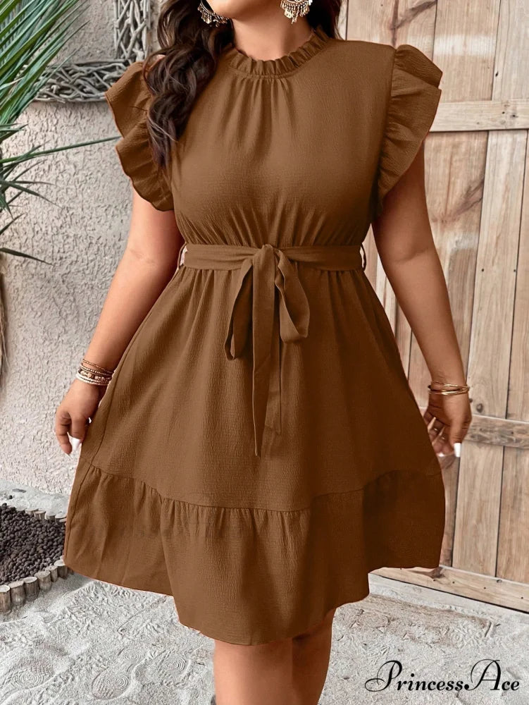 Ruffle Trim Belted Dress Coffee Brown / 0XL