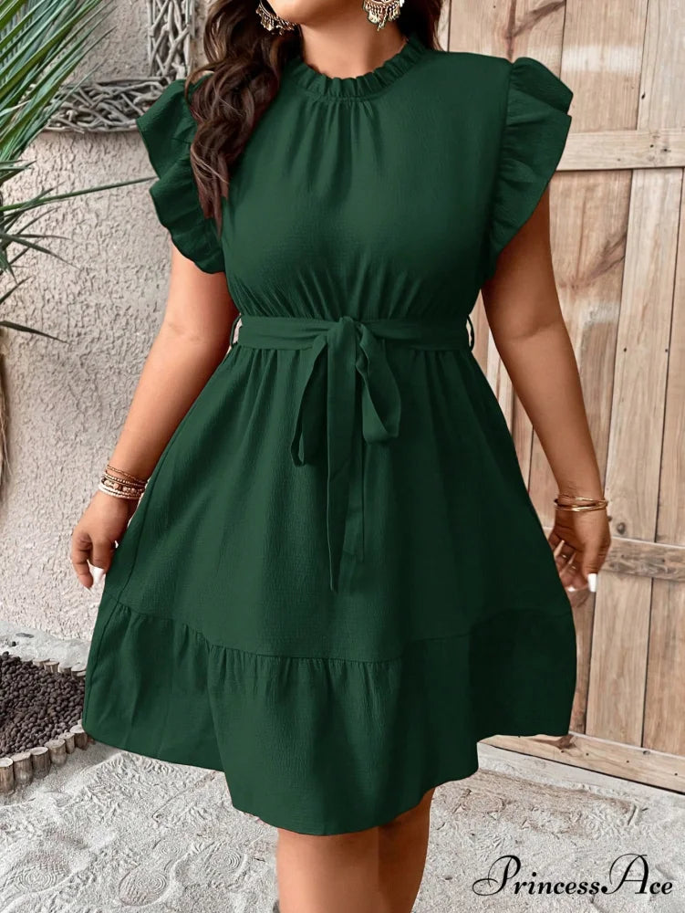 Ruffle Trim Belted Dress Dark Green / 0XL