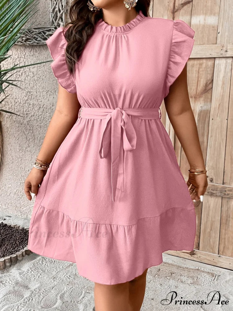 Ruffle Trim Belted Dress Pink / 0XL