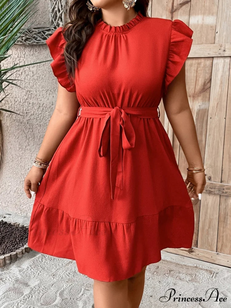 Ruffle Trim Belted Dress Red / 0XL