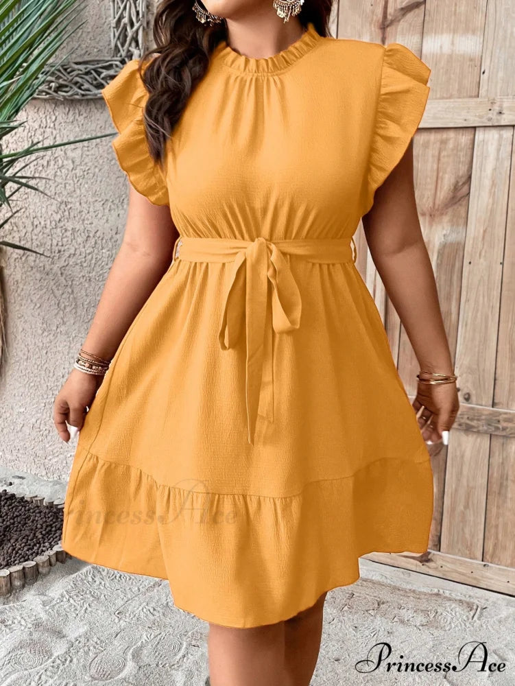 Ruffle Trim Belted Dress Yellow / 0XL