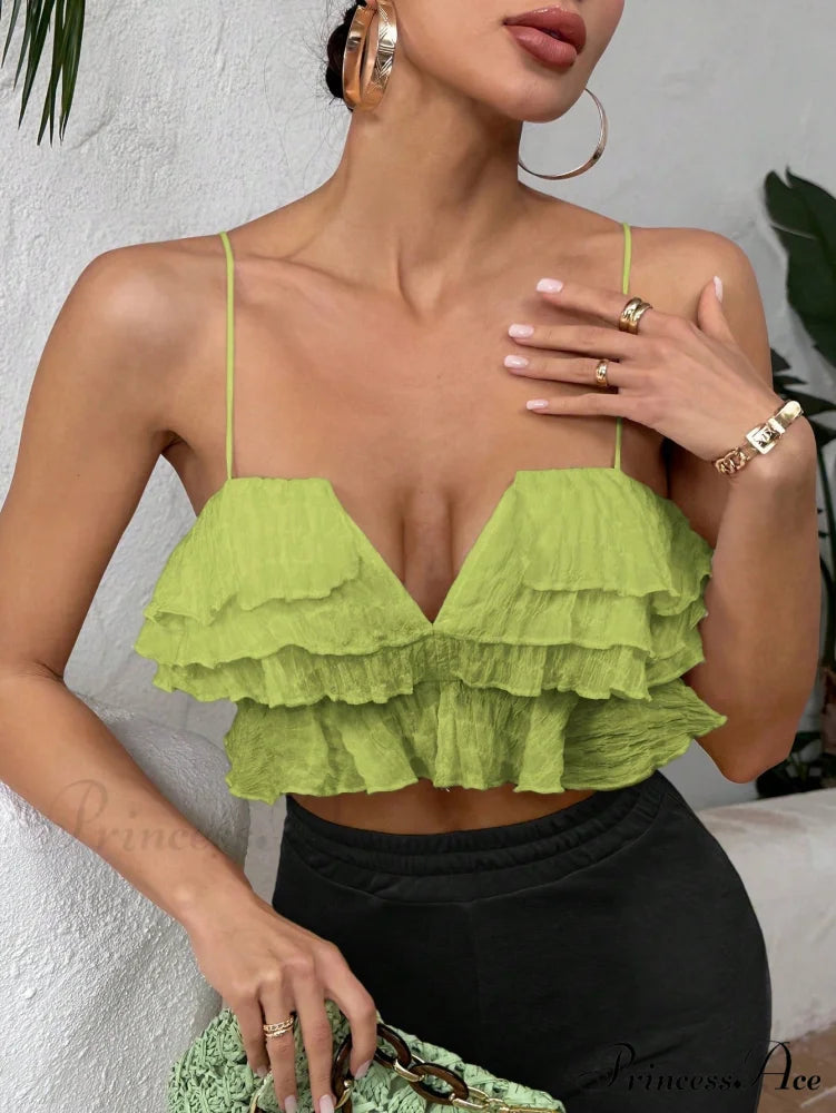 Ruffle Trim Crop Cami Top Green / XS
