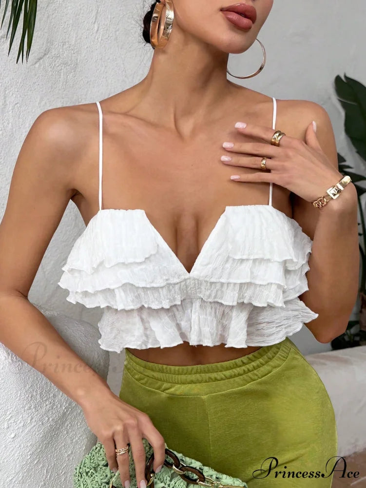 Ruffle Trim Crop Cami Top White / XS