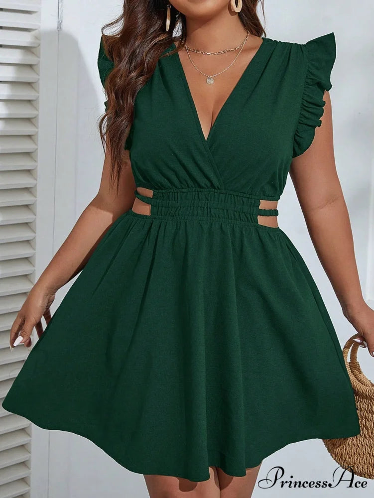 Ruffle Trim Cut Out Waist Dress