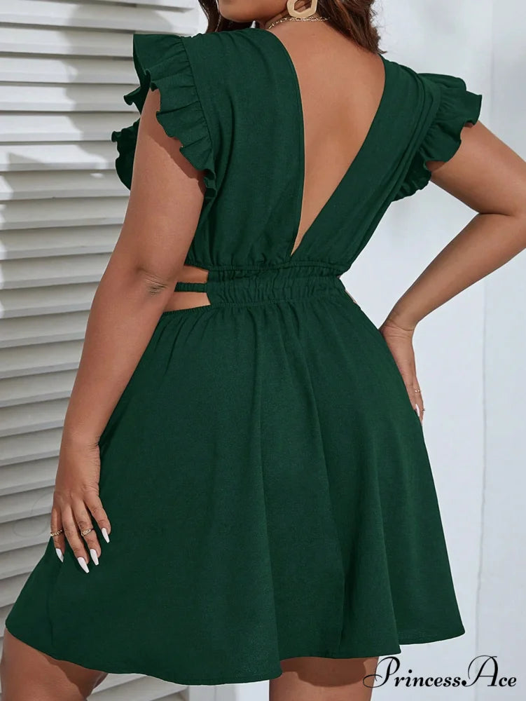 Ruffle Trim Cut Out Waist Dress