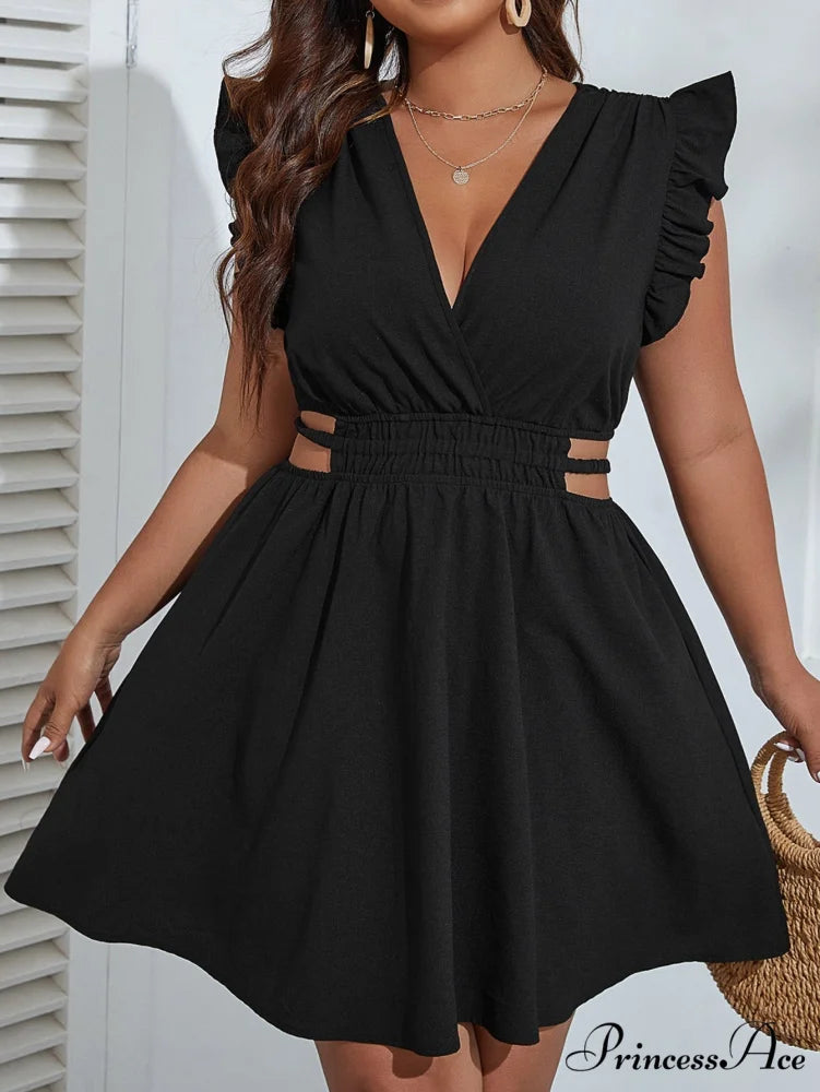 Ruffle Trim Cut Out Waist Dress Black / 0XL