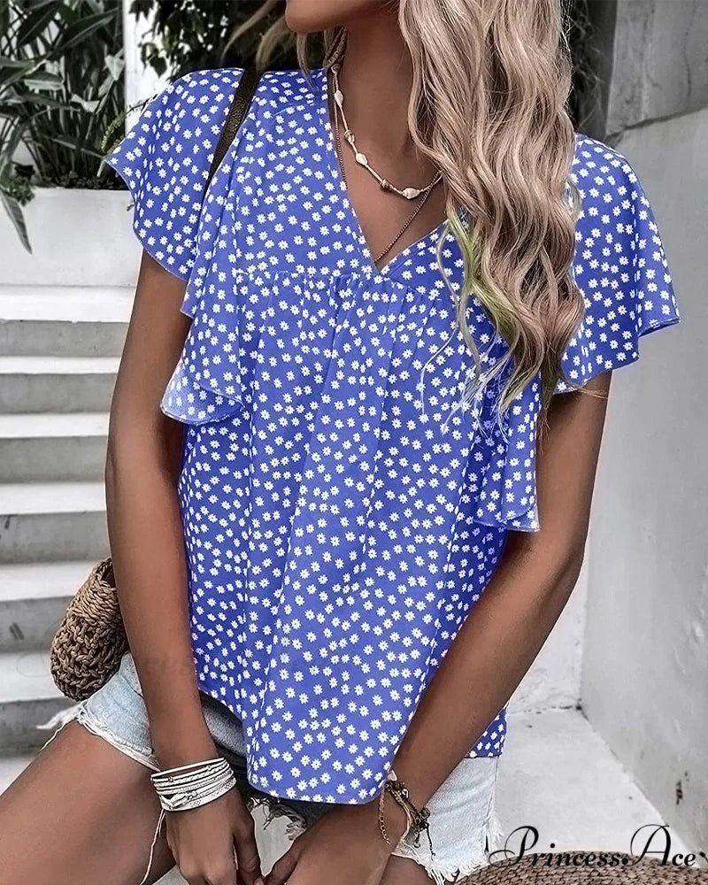Ruffle with T-shirt Flowered Sleeves Blue / S