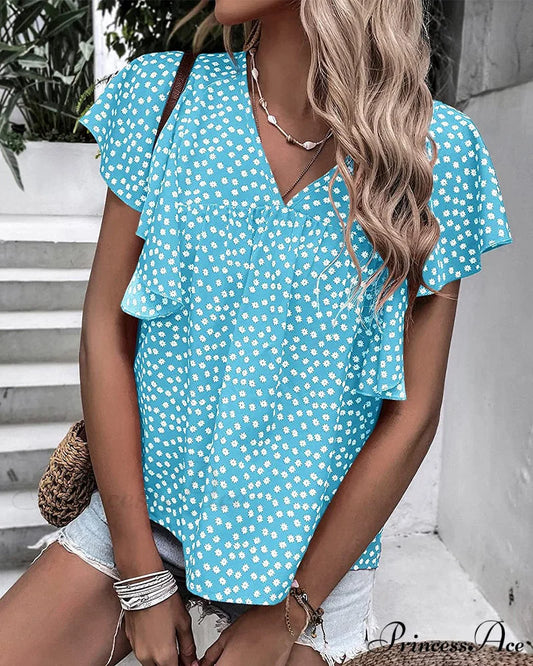 Ruffle with T-shirt Flowered Sleeves Light blue / S