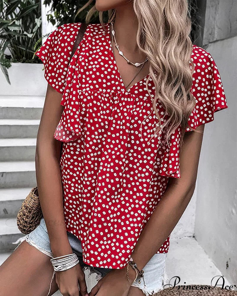 Ruffle with T-shirt Flowered Sleeves Red / S