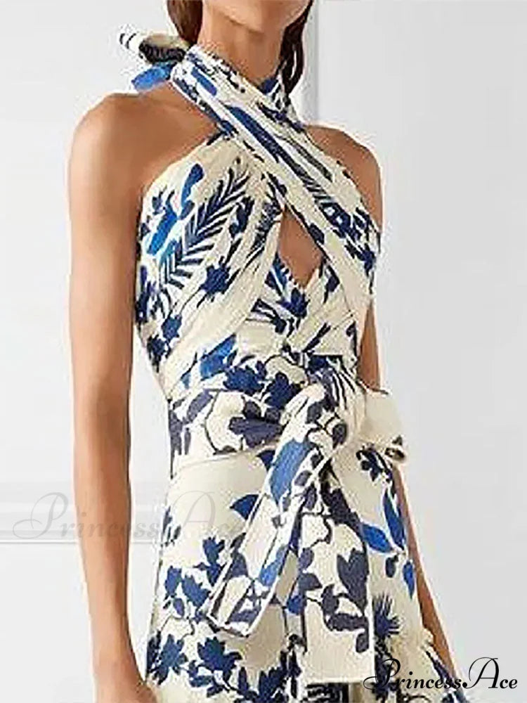 Ruffled Aesthetic Sleeveless for Women’s with - Party Vestidos Neck-mounted Hem Formal Elegant Patterned Layered