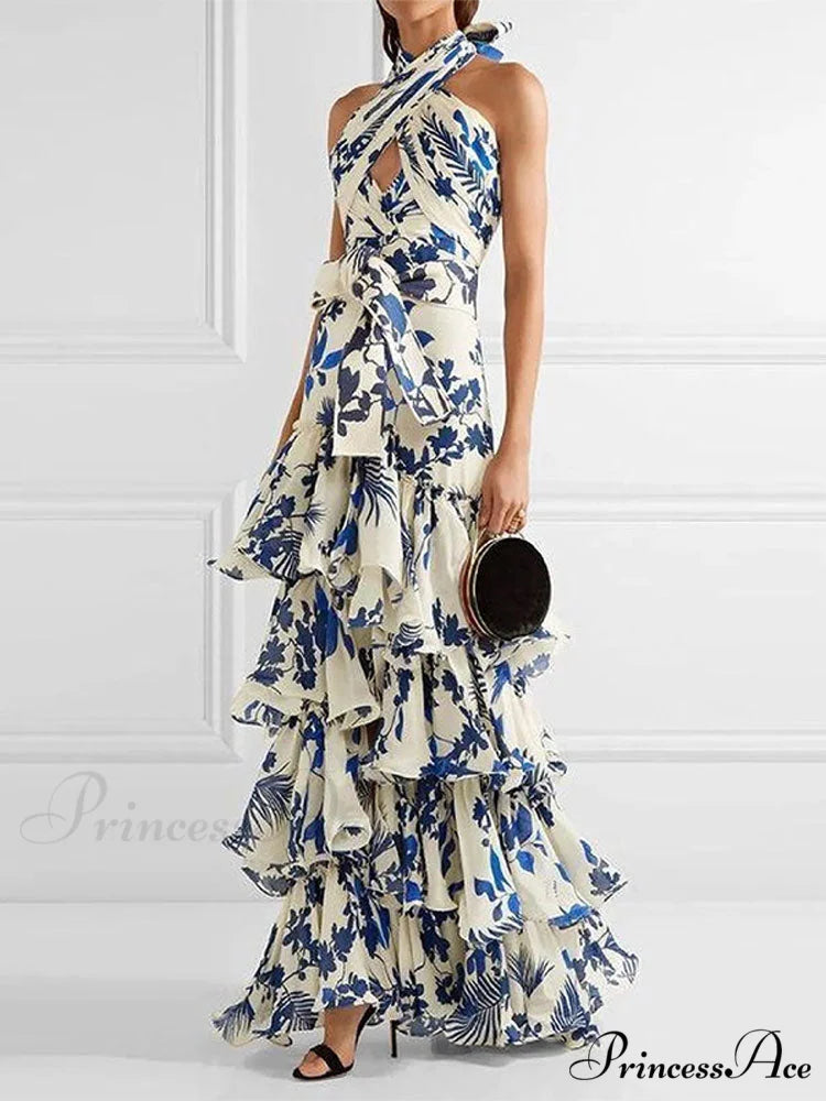 Ruffled Aesthetic Sleeveless for Women’s with - Party Vestidos Neck-mounted Hem Formal Elegant Patterned Layered
